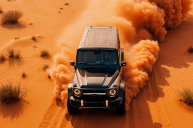 4x4 rental car driving through the Sahara Desert during a Morocco desert road trip
